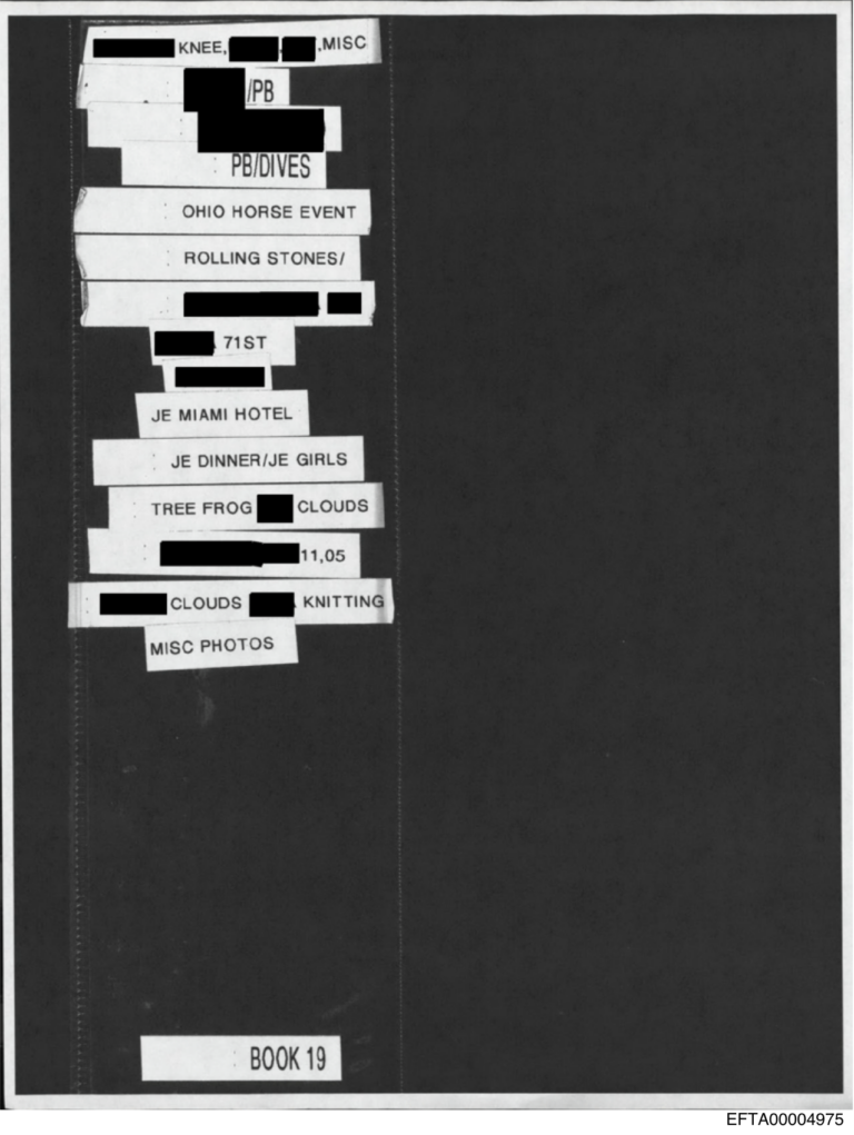 Redacted index page from Epstein photo binder Book 19, DOJ release EFTA00004975