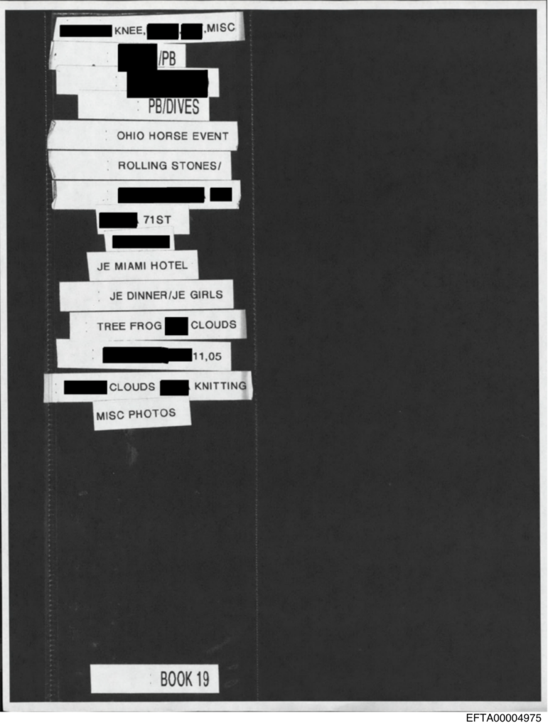 Redacted index page from Epstein photo binder Book 19, DOJ release EFTA00004975