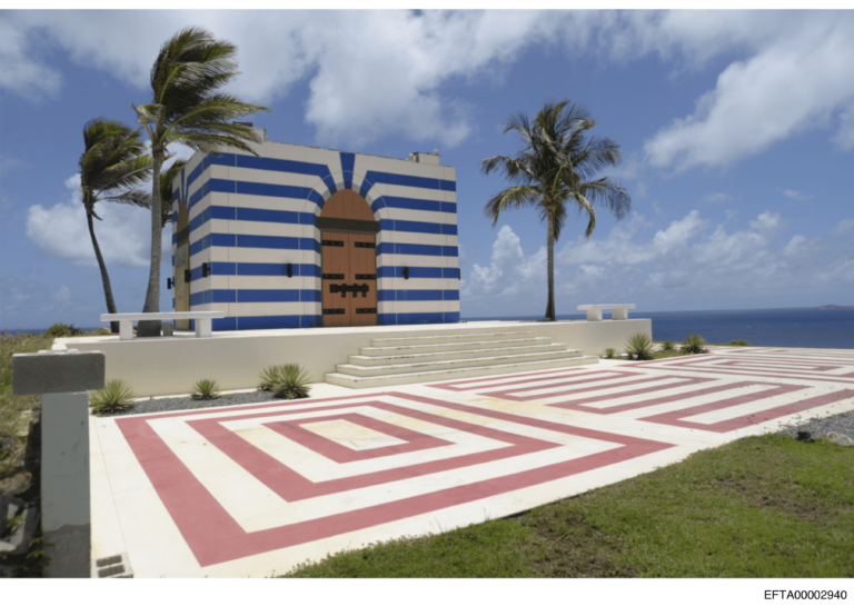 The blue-and-white striped temple on Little St. James Island, from DOJ Epstein files EFTA00002940