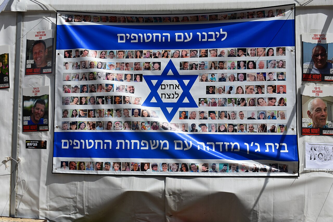 Poster depicting hostages kidnapped into Gaza on October 7, 2023