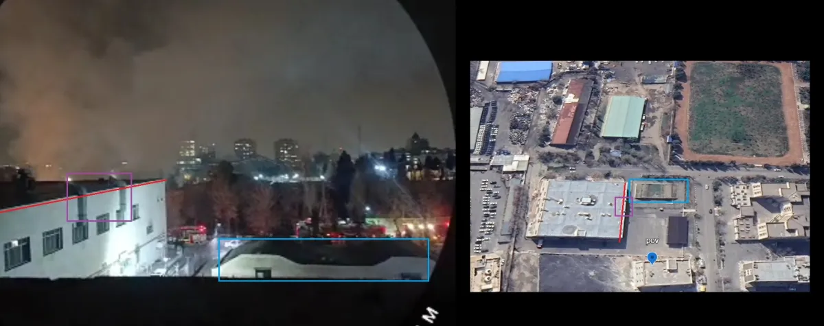 Side-by-side comparison of nighttime fire footage and satellite geolocation of Joint Chiefs Base No. 2 in Tehran, February 2026